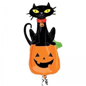 Cadılar Bayramı Halloween Kabak Üzeri Kedi Şeklinde Folyo Balon 97 x 68 cm