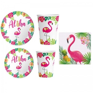 Flamingo Temalı Aloha Havai Konsept 16 Kişilik Tabak Bardak Peçete Set 48 Adet