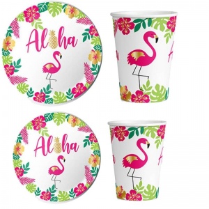 Flamingo Temalı Aloha Havai Konsept 16 Kişilik Tabak ve Bardak Set 32 Adet