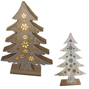 1 Adet Yılbaşı Gün Işığı Led Işıklı Ahşap Noel Ağacı Şeklinde Kar Tanesi Figürlü Dekor Süs 30 x 14 cm