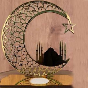 Ramazan Ayı 18x16 Cm Dekoratif Pleksi Süs Hilal Ay İle Cami Model Altın Renk