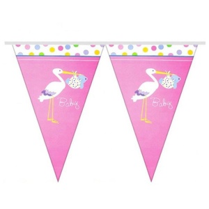 Leylekli Baby Shower Kız Bebek 10 lu Kağıt Bayrak Flama Set Pembe Renk