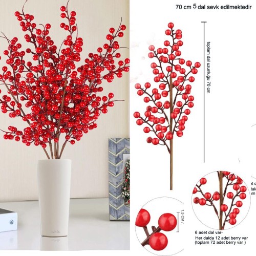 5 Adet Holly Berry Yemiş Dalı Kokina Yılbaşı Ağacı Süsü 70 cm