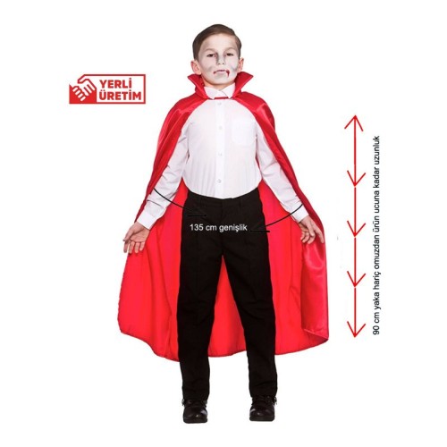 Halloween Kırmızı Renk 90 cm Yakalı Drakula Vampir Pelerini Çocuk Boy 6-10 Yaş