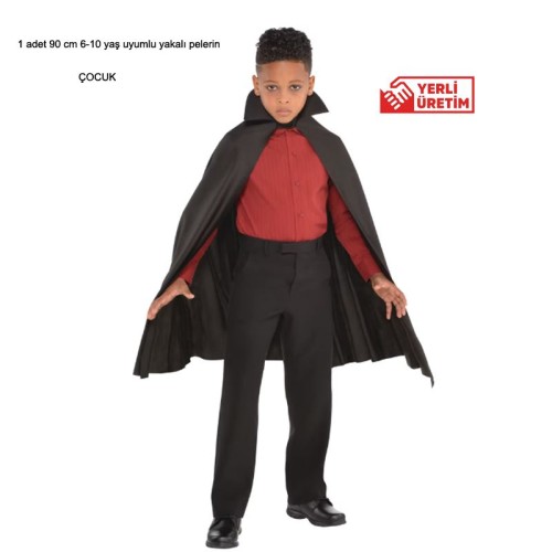Halloween Siyah Renk 90 cm Yakalı Drakula Vampir Pelerini Çocuk Boy 6-10 Yaş