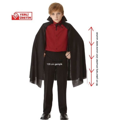 Halloween Siyah Renk 90 cm Yakalı Drakula Vampir Pelerini Çocuk Boy 6-10 Yaş