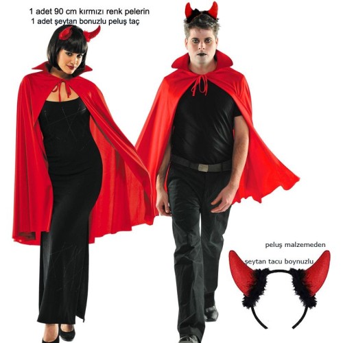 Halloween Kırmızı Renk 90 cm Yakalı Şeytan Pelerini Seti Bayan Erkek Yetişkin 