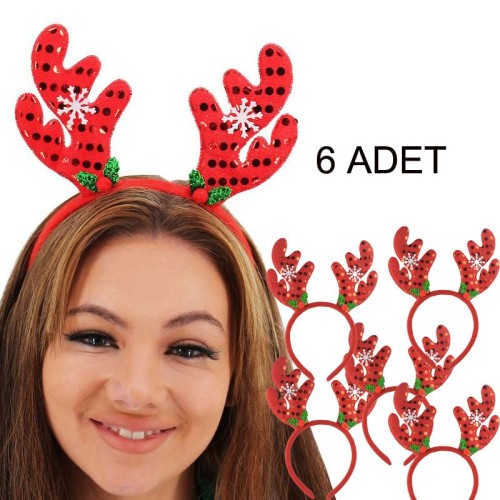 Kırmızı Pullu Kumaş Kaplama Yılbaşı Geyik Tacı 6 Adet 24x21 cm 