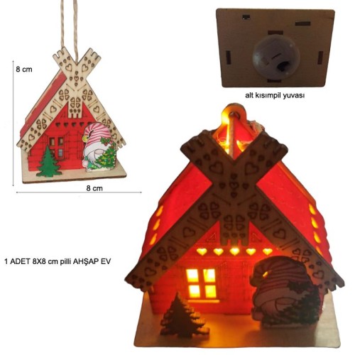 Küçük Boy 8x8 cm Ahşap Noel Kulübesi Işıklı Yılbaşı Süsü 1 Adet M2