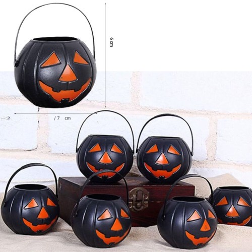 Halloween Plastik Siyah Balkabağı Figürlü Şeker Toplama Kovası Mini 6 Adet