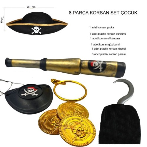 Çocuk Keçe Kumaş Şapkalı Korsan Kostüm Tamamlayıcı Set 8 Parça halloween