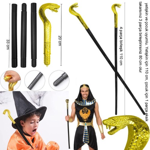 Halloween Egyptian Mısır Altın Renk Kobra Yılan Başlıklı Plastik Asa 1 Adet.