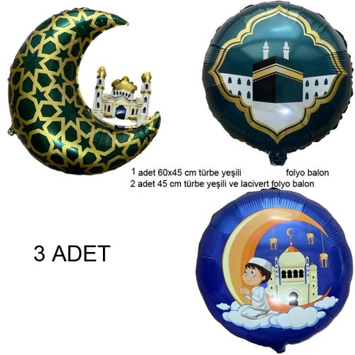Ramazan Temalı Lacivert ve Yeşil Renklerde Folyo Balon 3 Adet